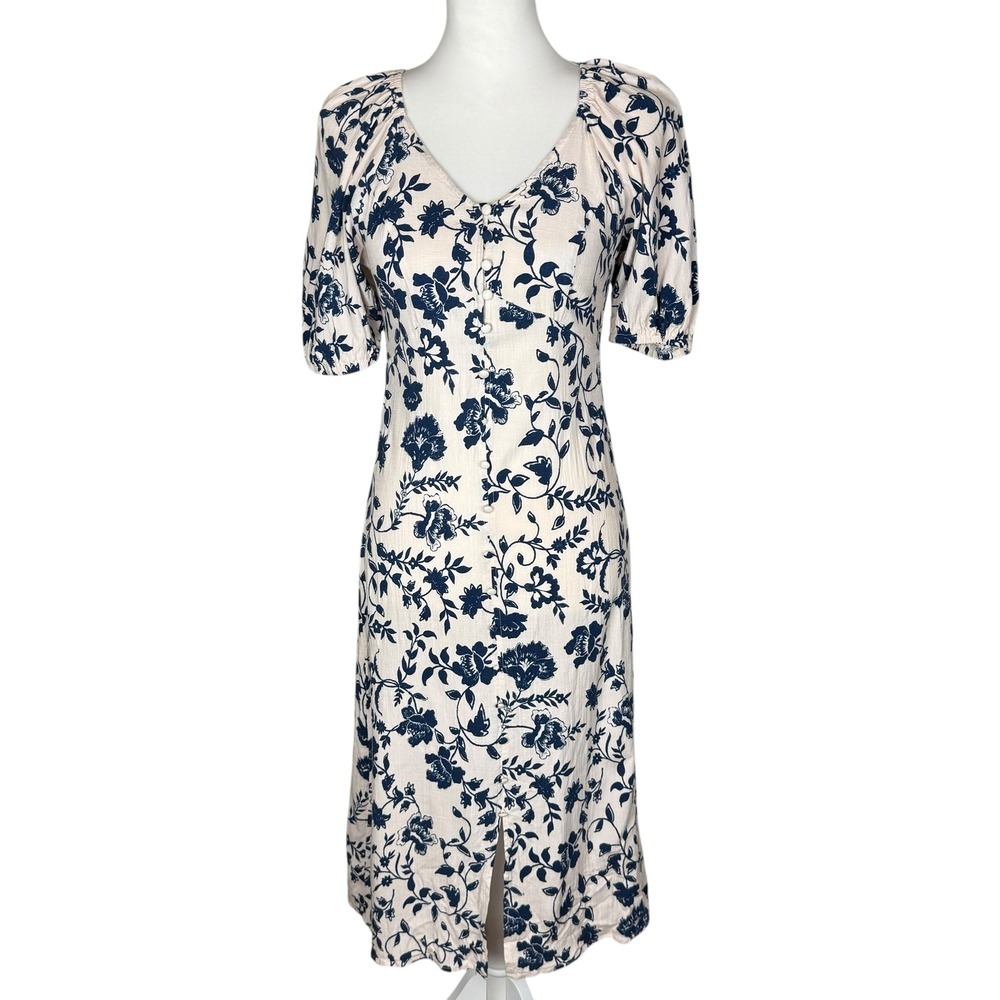 Lucky Brand Floral Toile Button Front Midi Dress Blue Cream Petite Medium PM